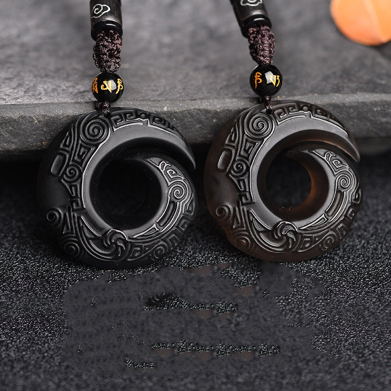 Natural Obsidian Good Fortune Pendant Safe Amulet Necklace