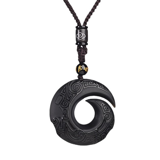 Natural Obsidian Good Fortune Pendant Safe Amulet Necklace