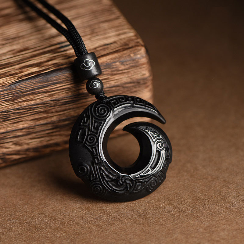 Natural Obsidian Good Fortune Pendant Safe Amulet Necklace